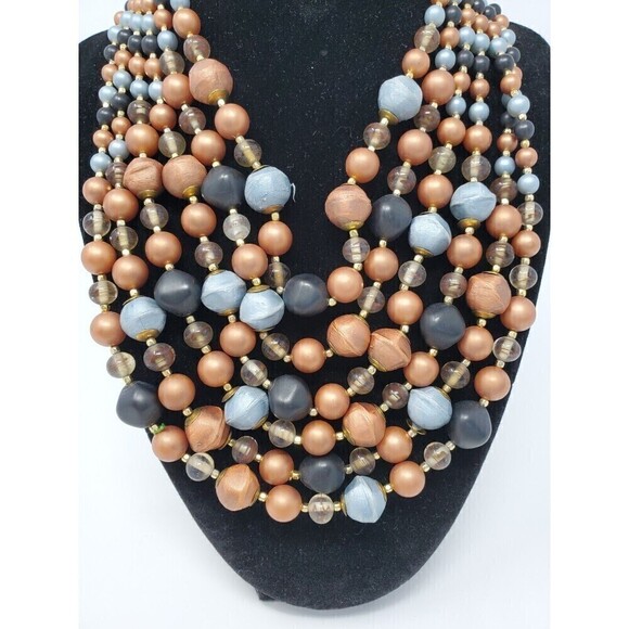 VINTAGE JAPAN SIX STRAND BEADED NECKLACE COPPER BRONZE BROWN BLUE HOOK CLOSURE - Picture 3 of 12